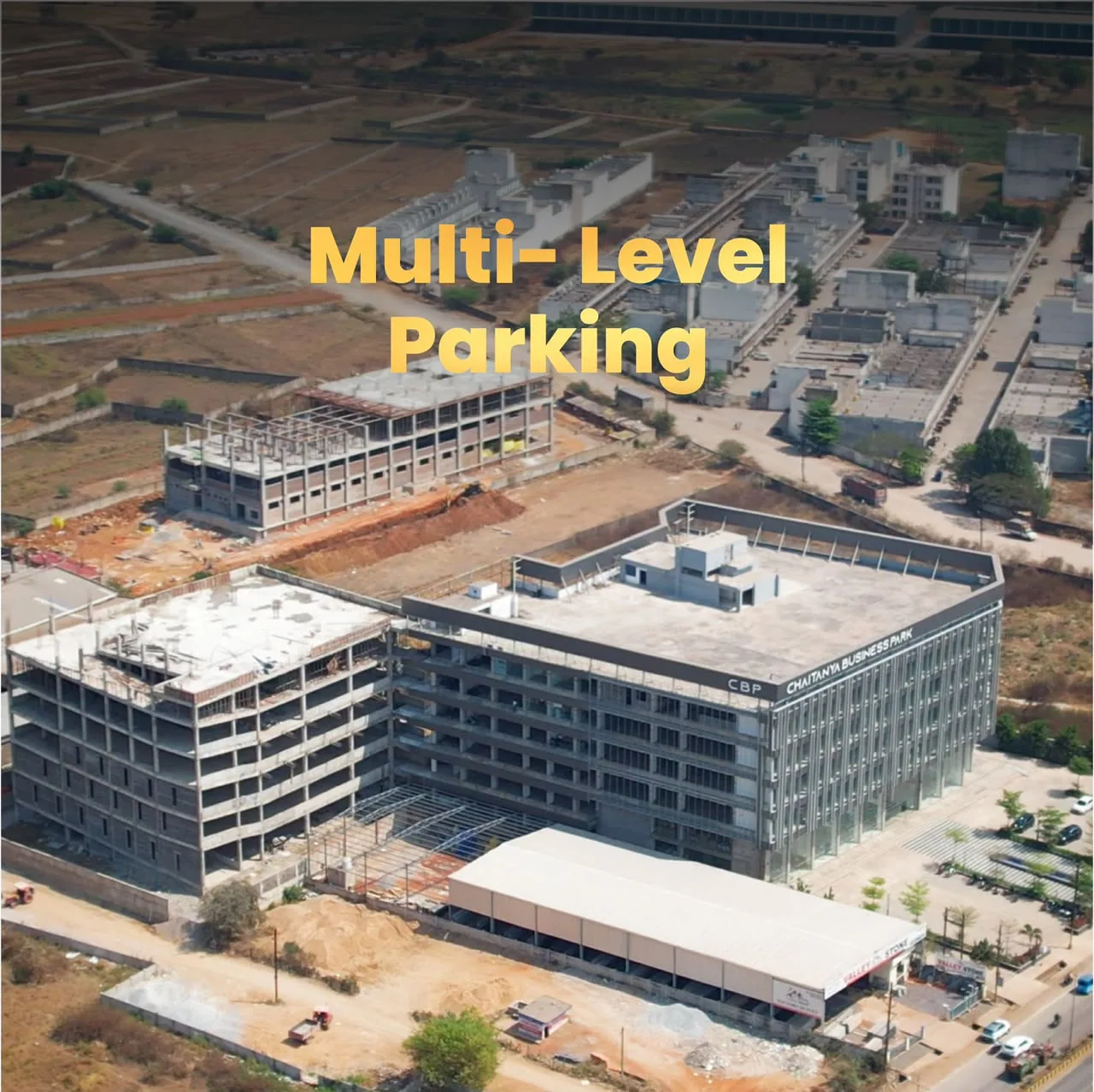 Aerial view of Chaitanya Business Park and its multi-level interconnected parking