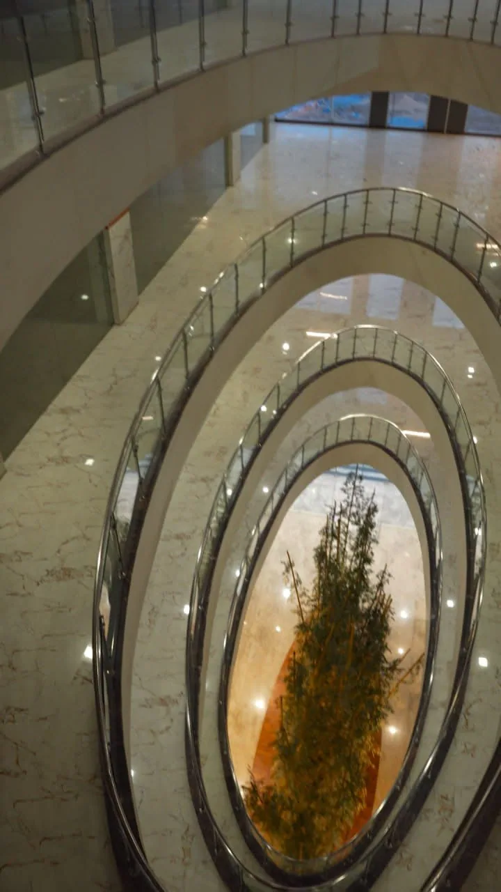 Looking down through the stacked oval atrium voids