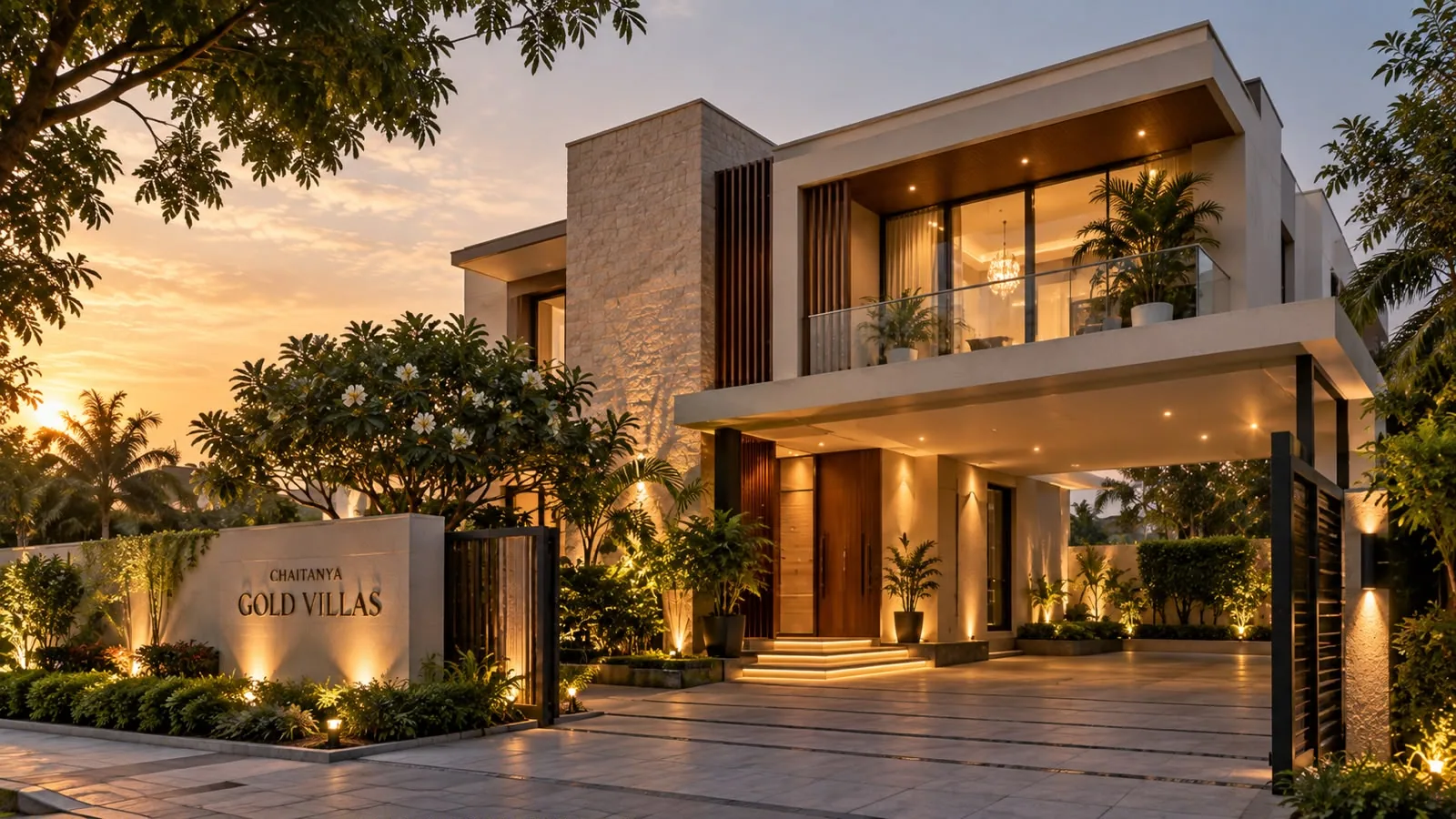A Chaitanya Gold Villas bungalow at golden hour, with its lit portico and landscaped approach