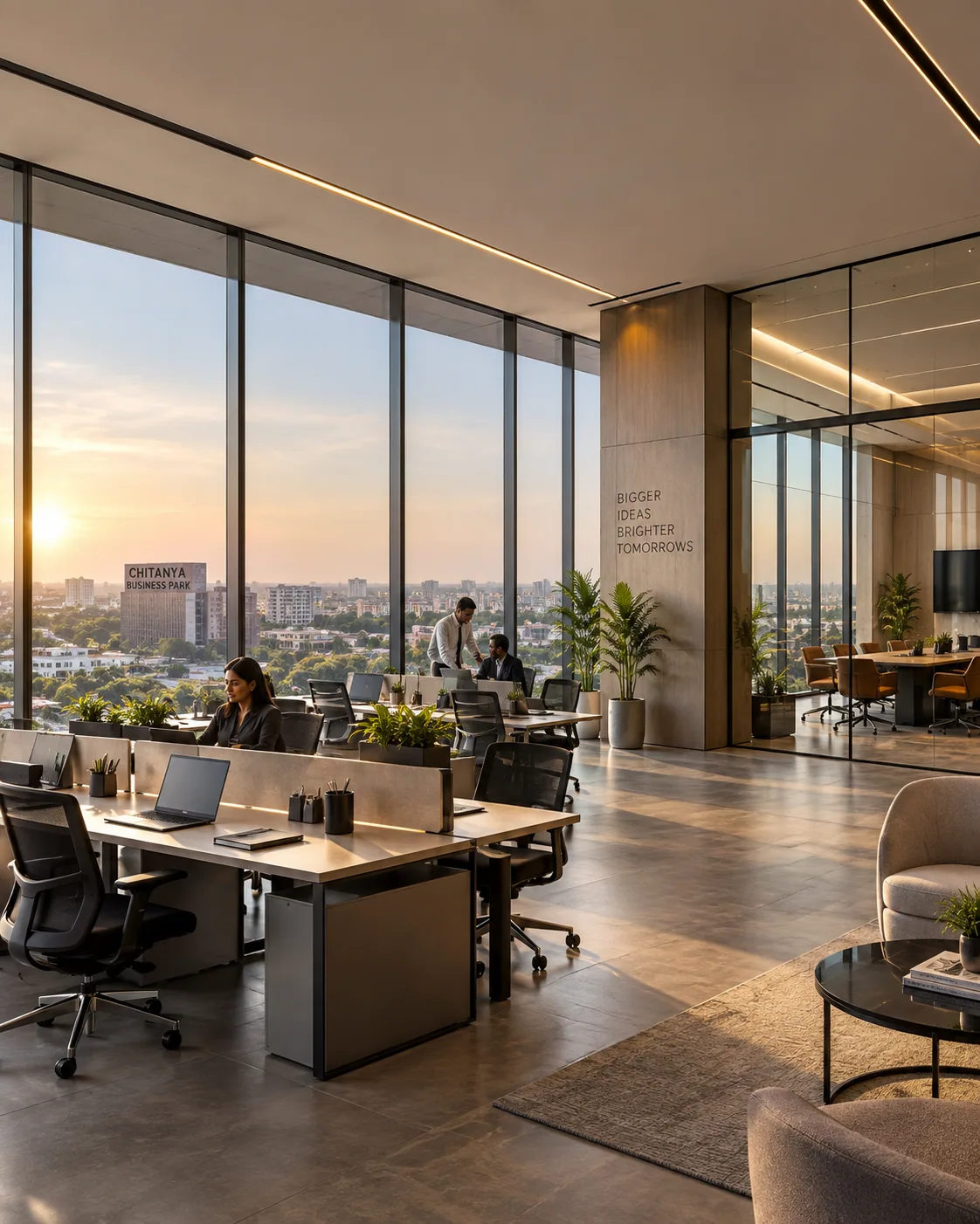An upper-floor office at Chaitanya Business Park at golden hour, with open workstations and a glazed meeting room