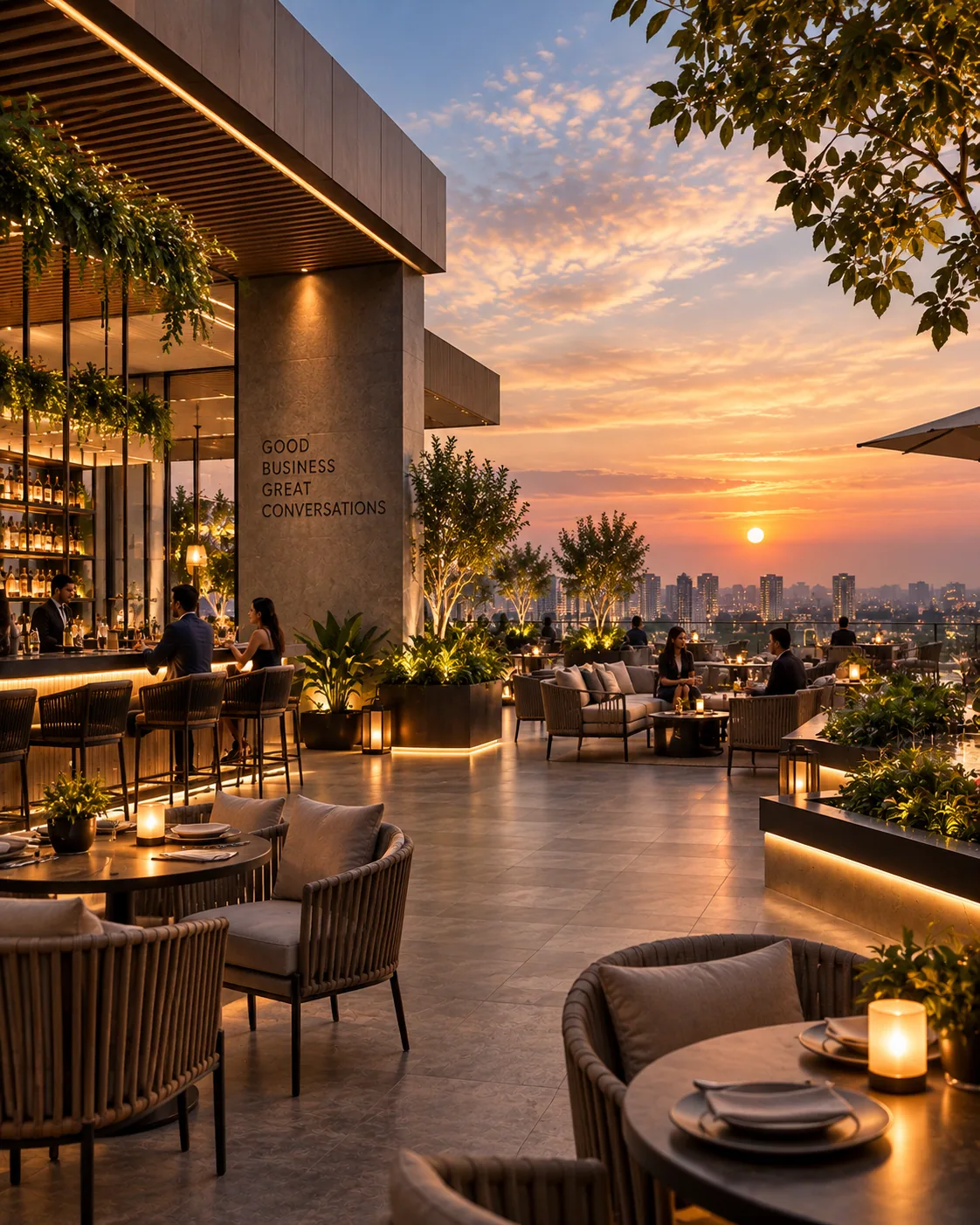 The rooftop at Chaitanya Business Park at sunset, set for dining with a bar, lounge seating and city views